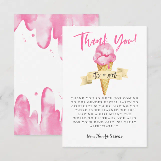 Pink Ice Cream Girl Gender Reveal Party Thank You Card | Zazzle