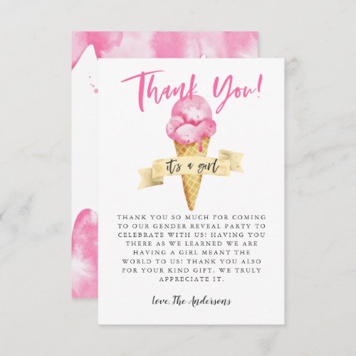 Pink Ice Cream Girl Gender Reveal Party Thank You Card