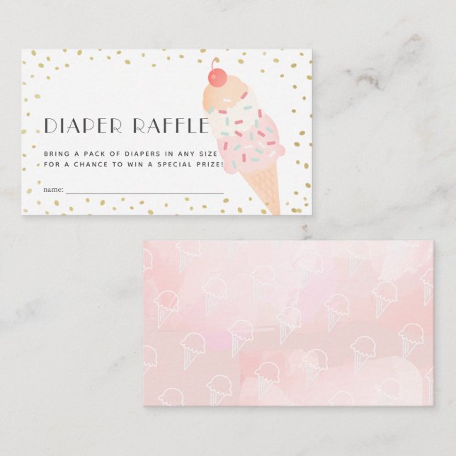 Pink Ice Cream Gold   Diaper Raffle Ticket Enclosure Card (Front/Back)