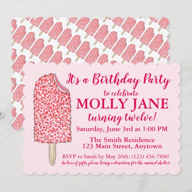 Pink Ice Cream Popsicle Birthday Party Shower Invitation (Front/Back)