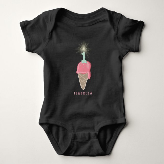 Pink Ice Cream Sparkler Girl 1st Birthday Party Baby Bodysuit (Front)