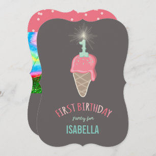 Pink Ice Cream Sparkler Girl 1st Birthday Party Invitation