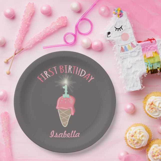 Pink Ice Cream Sparkler Girl 1st Birthday Party Paper Plates (Party)