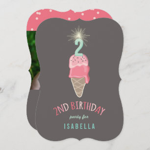 Pink Ice Cream Sparkler Girl 2nd Birthday Party Invitation