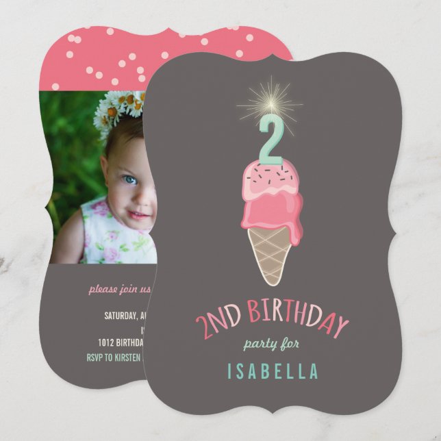 Pink Ice Cream Sparkler Girl 2nd Birthday Party Invitation (Front/Back)