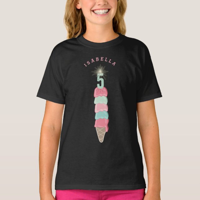 Pink Ice Cream Sparkler Girl 5th Birthday Party T-Shirt (Front)