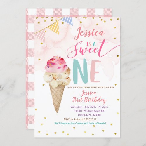 Pink Ice Cream Sweet ONE Birthday Invitation