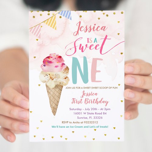 Pink Ice Cream Sweet ONE Birthday Invitation