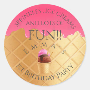 Pink Ice Cream Themed Girl's First Birthday Party Classic Round Sticker