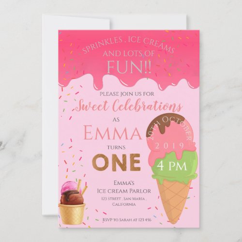 Pink Ice Cream Themed Girls First Birthday Party Invitation