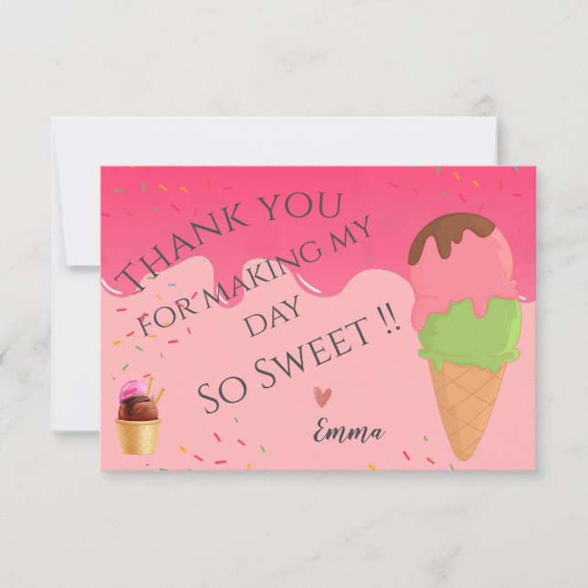 Pink Ice Cream Themed Girl's First Birthday Party Thank You Card (Front)