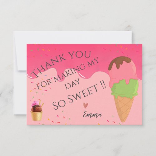 Pink Ice Cream Themed Girls First Birthday Party Thank You Card