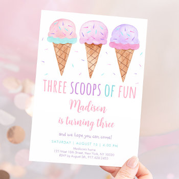 Pink Ice Cream Three Scoops Of Fun Birthday Invitation by LittlePrintsParties at Zazzle