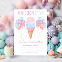 Pink Ice Cream Three Scoops of Fun Birthday Invitation