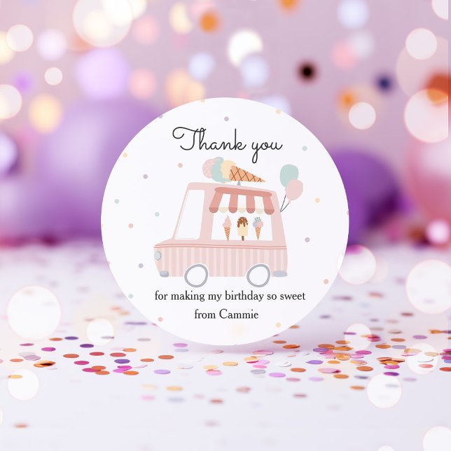 Pink Ice Cream Truck Birthday Party Favors Classic Round Sticker (Creator Uploaded)