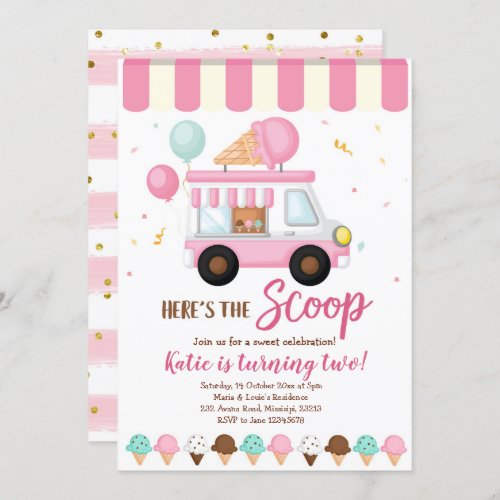 Pink Ice cream truck birthday party invitation