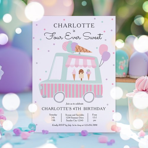 Pink Ice Cream Truck Four Ever Sweet 4th Birthday Invitation
