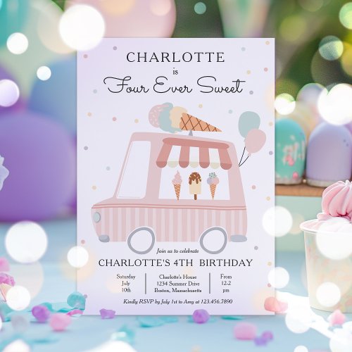 Pink Ice Cream Truck Four Ever Sweet 4th Birthday Invitation