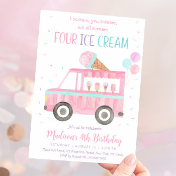 Pink Ice Cream Truck Fourth Birthday Invitation by LittlePrintsParties at Zazzle
