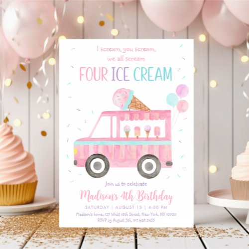 Pink Ice Cream Truck Fourth Birthday Invitation