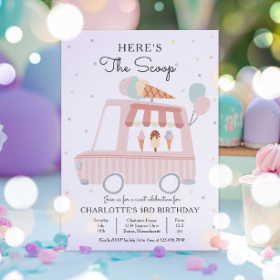Pink Ice Cream Truck Here's The Scoop Birthday Invitation