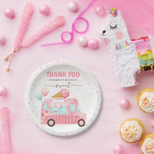 Pink Ice Cream Truck Here's The Scoop Birthday Paper Plates (Party)