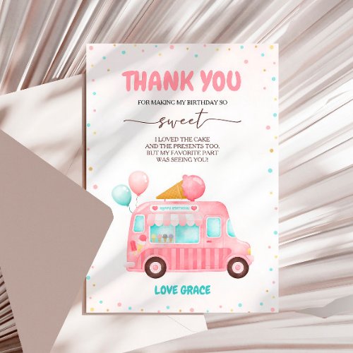 Pink Ice Cream Truck Heres The Scoop Birthday Thank You Card