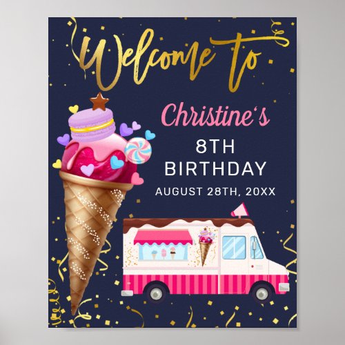 Pink Ice Cream Truck Navy Blue Welcome Birthday  Poster
