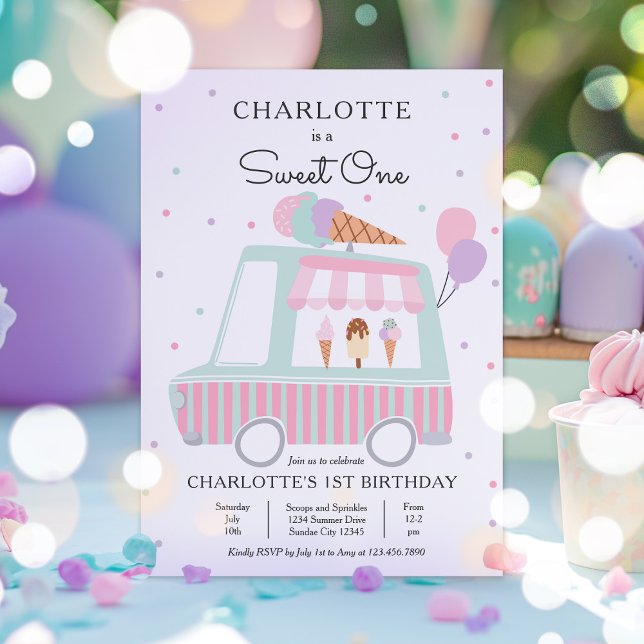 Pink Ice Cream Truck Sweet One 1st Birthday Party  Invitation (Creator Uploaded)