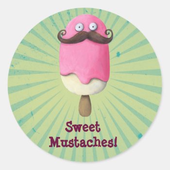 Pink Ice Cream With Mustaches Classic Round Sticker by partymonster at Zazzle