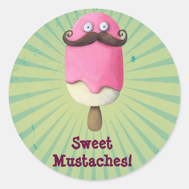 Pink Ice Cream with Mustaches Classic Round Sticker (Front)