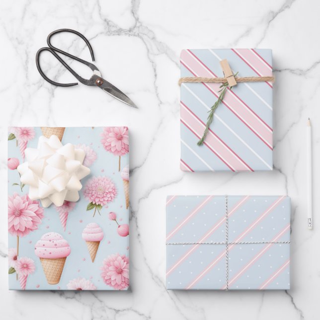 Pink Ice creams and Flowers Gift Wrapping Paper (Front)