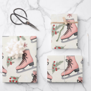 Pink Ice Skates Fun Holiday Pattern Christmas Wrapping Paper Sheets