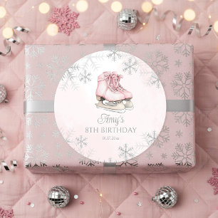 Pink Ice Skating Birthday Silver Glitter Snowflake Classic Round Sticker