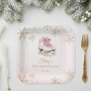 Pink Ice Skating Girl Birthday Gold Snowflakes Paper Plates