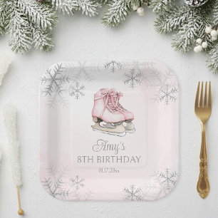 Pink Ice Skating Girl Birthday Silver Snowflakes Paper Plates
