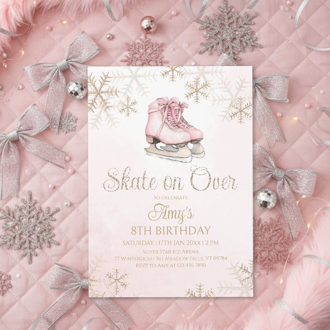 Pink Ice Skating Gold Glitter Snowflake Birthday Invitation (Creator Uploaded)