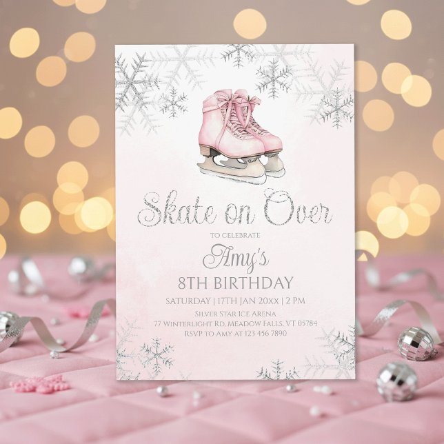 Pink Ice Skating Silver Glitter Snowflake Birthday Invitation (Creator Uploaded)