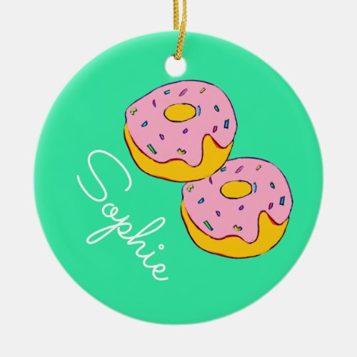 Pink icing donut girls theme sweets name ceramic ornament