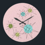 Pink Iconic Atomic Starbursts Acrylic Wall Clock<br><div class="desc">This Pink Iconic Atomic Starbursts Round Acrylic Wall Clock pattern features iconic atomic starbursts. That’s right! The old school, First Lady Pink colored background with gold speckles is the perfect backdrop for the vibrant turquoise, soothing celery, and kitschy pear green colored circles. The spots of color are sporadically placed in...</div>