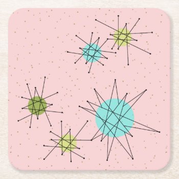 Pink Iconic Atomic Starbursts Paper Coasters by StrangeLittleOnion at Zazzle