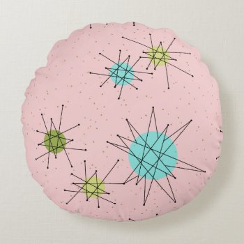 Pink Iconic Atomic Starbursts Round Pillow by StrangeLittleOnion at Zazzle