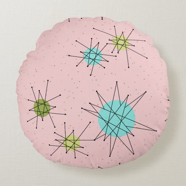 Pink Iconic Atomic Starbursts Round Pillow (Front)