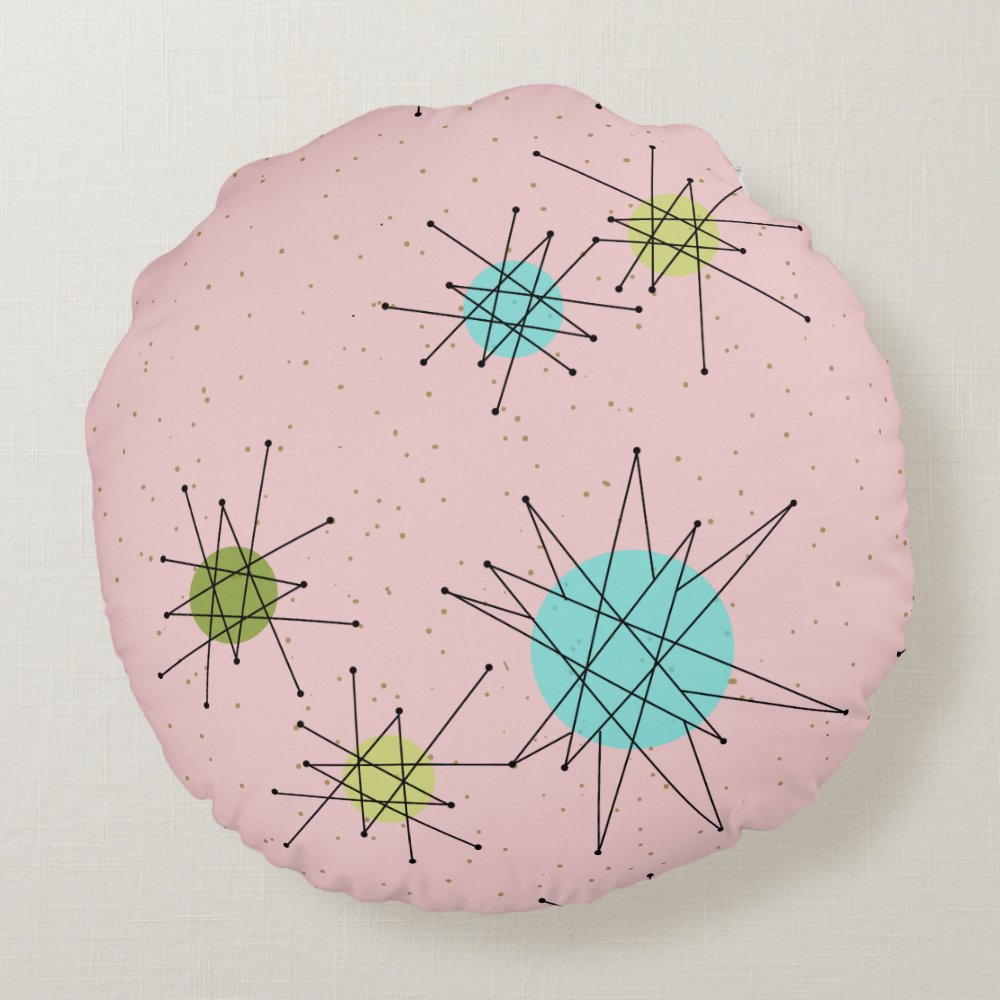 Disover Pink Iconic Atomic Starbursts Round Pillow