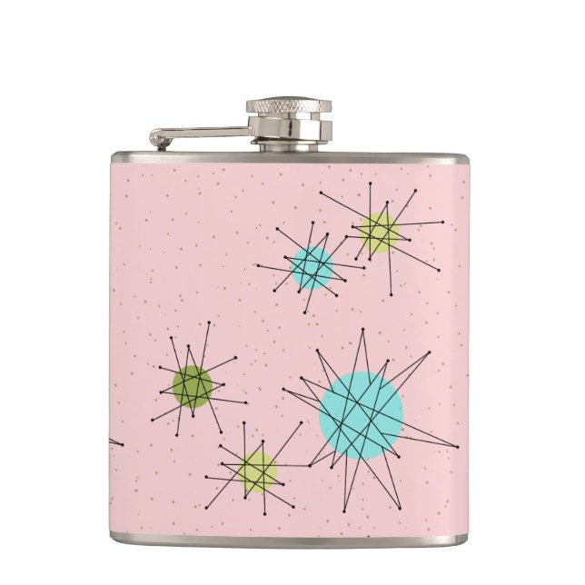 Pink Iconic Atomic Starbursts Vinyl Wrapped Flask (Front)