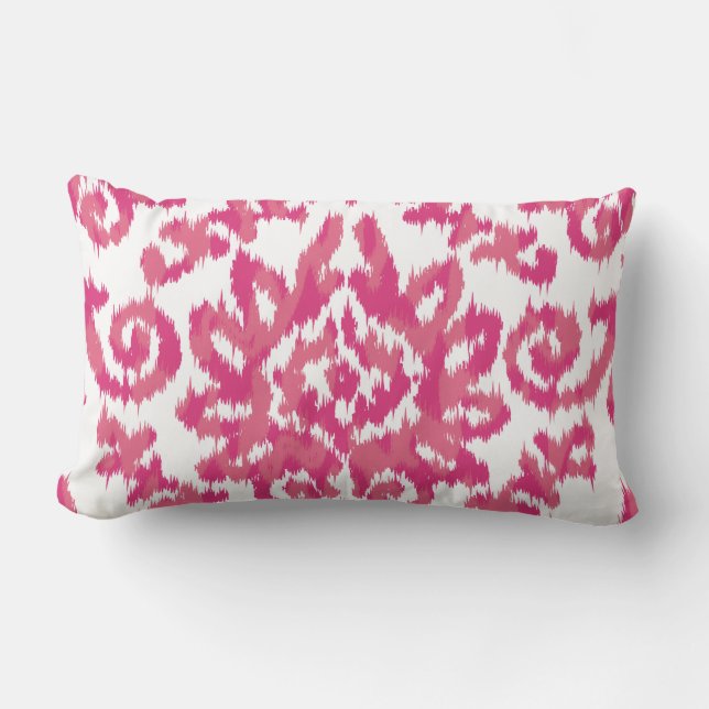 Pink Ikat Boho Whimsical Ethnic Girly White & Pink Lumbar Pillow (Front)