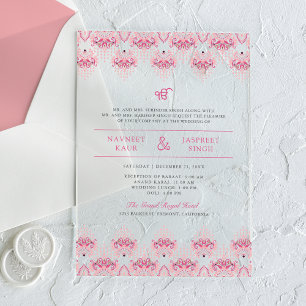 Pink Ikat Border Anand Karaj Sikh Wedding Acrylic Invitations