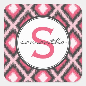 Pink Ikat Monogram Square Sticker by snowfinch at Zazzle