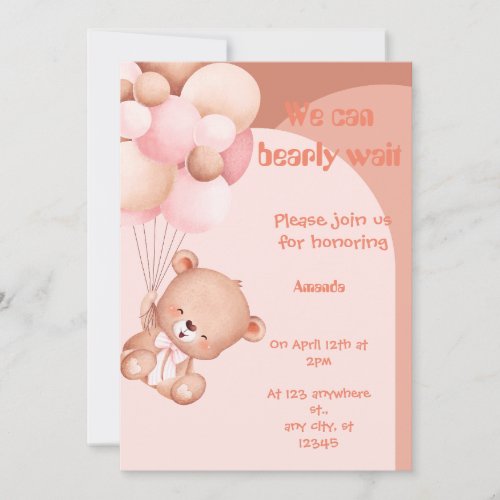 Pink Illustrated Bear Ballons Baby Shower  Invitation
