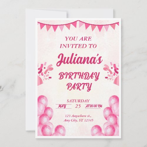 Pink Illustrated Birthday Party Invitation 